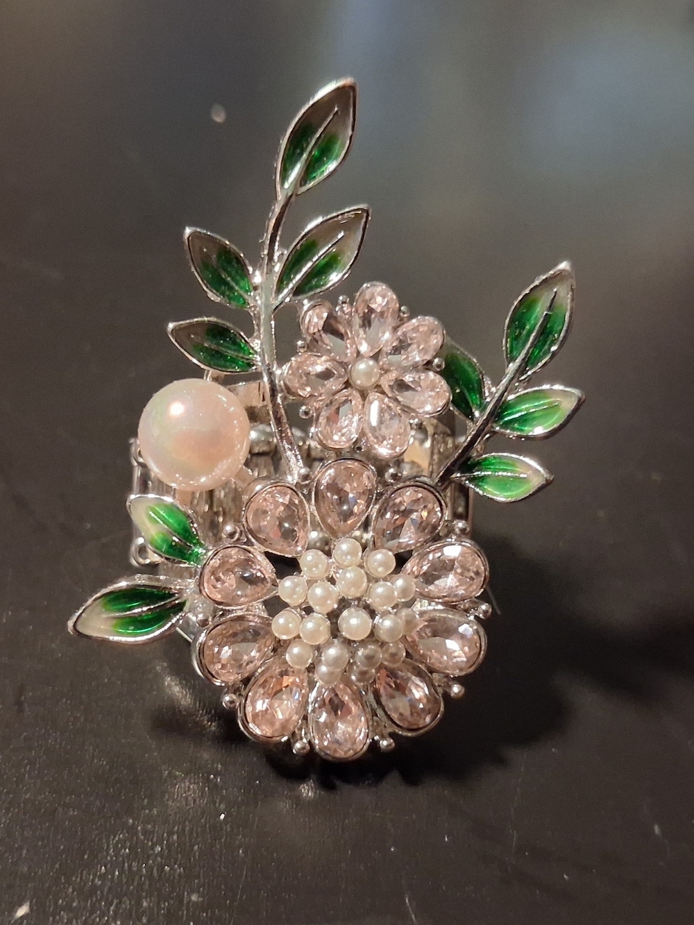 Silver Floral Pearl & Green Enamel Statement Ring - Elegant Women's Jewelry
